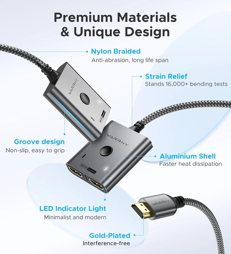 Warrky مفتاح HDMI 2 في 1 مخرج 4K@60Hz، [مع كابل HDMI مضفر ثابت بطول 3.3 قدم، هيكل من الألمنيوم، 2K@144Hz، HDCP 2.2] مفتاح ثنائي الاتجاه 2x1 متوافق مع PS5/4، Xbox، Roku، FireStick، Switch - Image 5